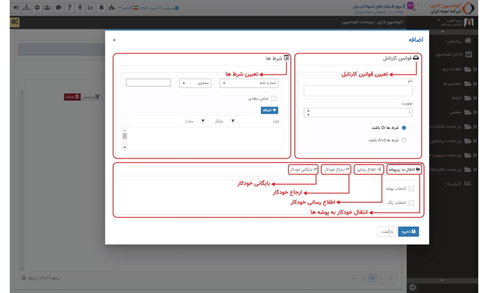 تعیین قوانین کارتابل